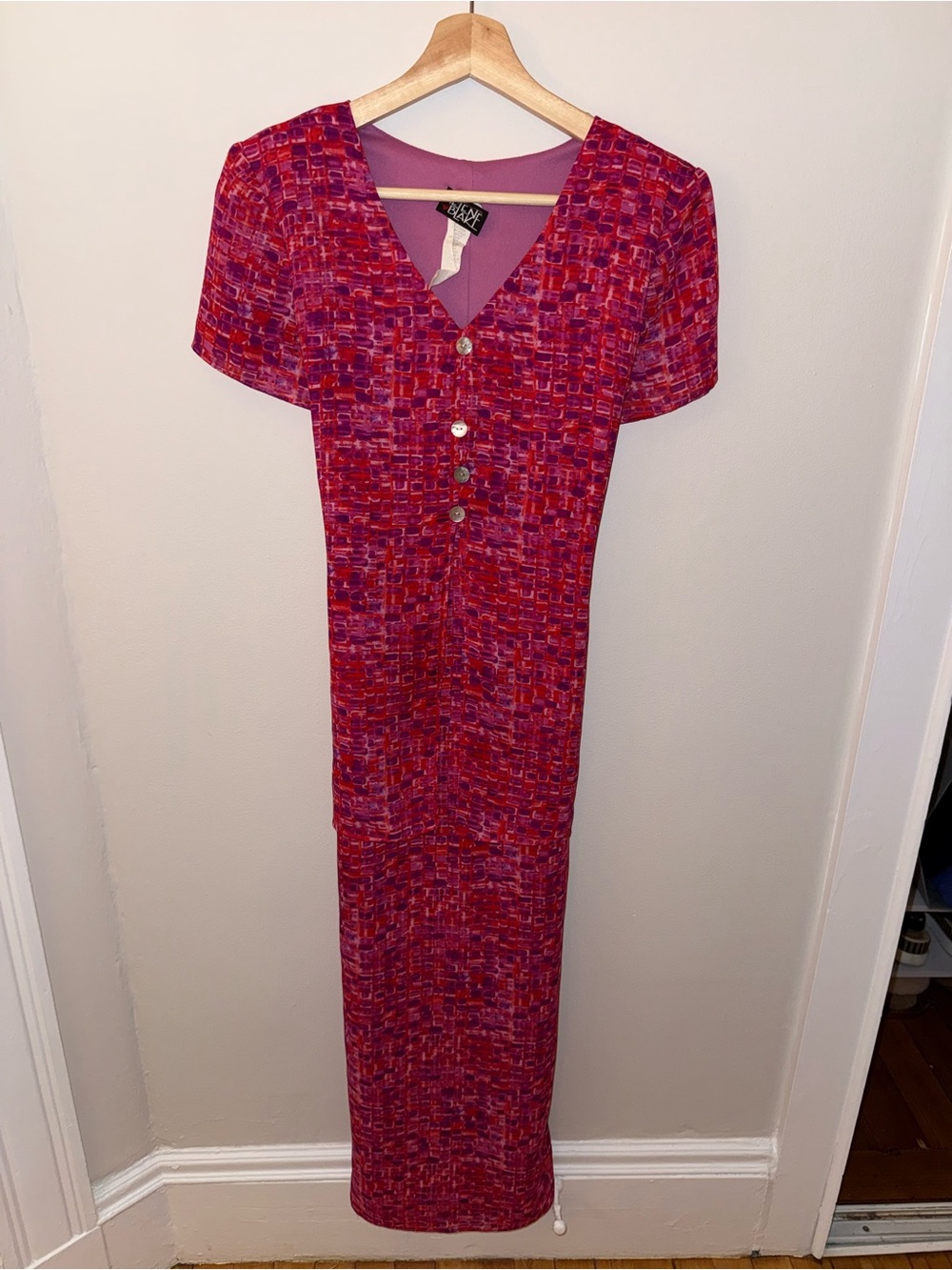 V-Neck Pink and Red Print Maxi Dress with Front Buttons